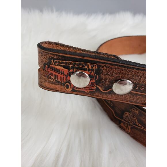 ADULT SMALL Vintage Firefighter Tooled Leather Belt Handmade - Picture 5 of 7